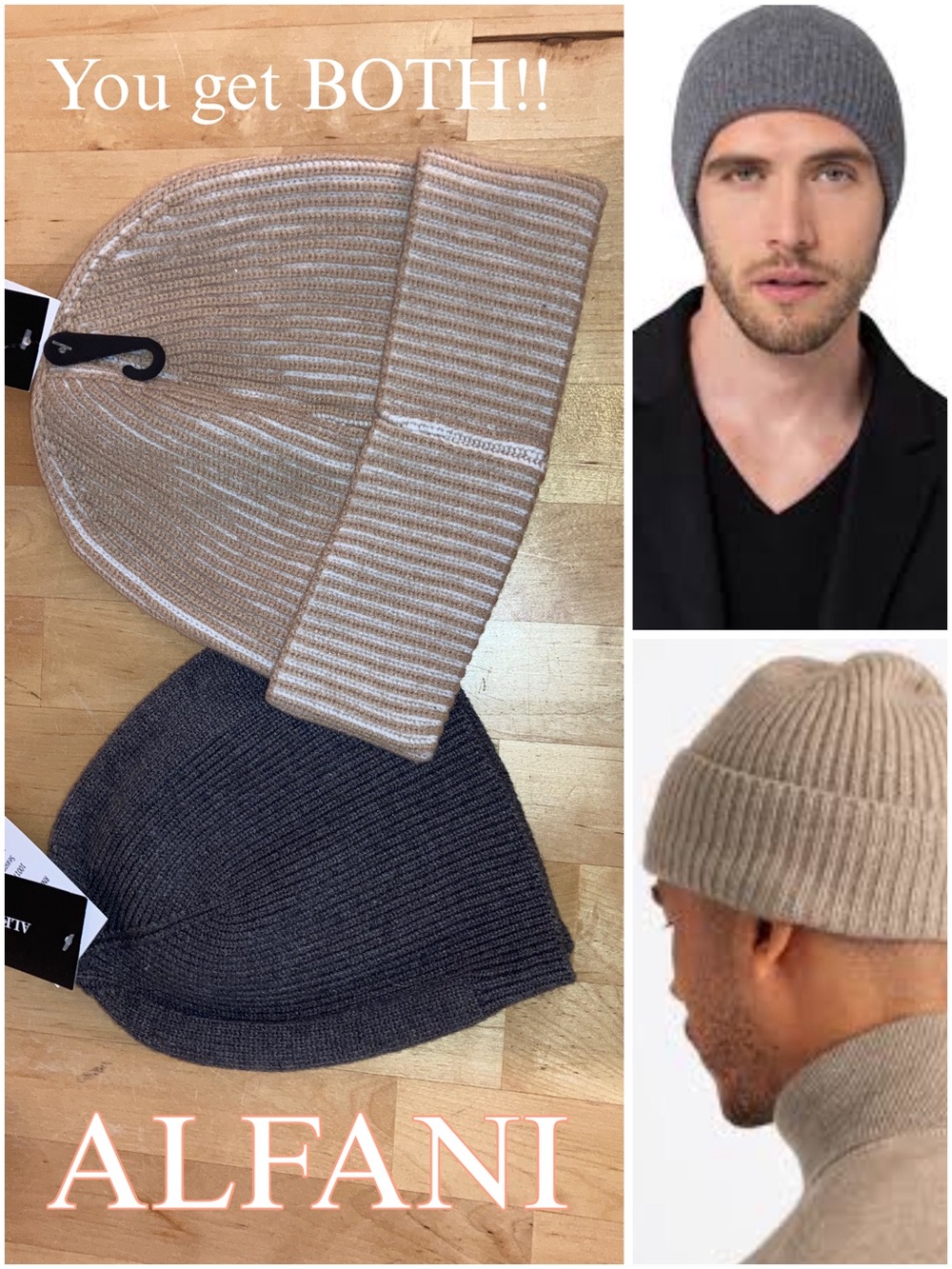 Alfani Two-Pack Knit Beanie Set - Beige & Charcoal